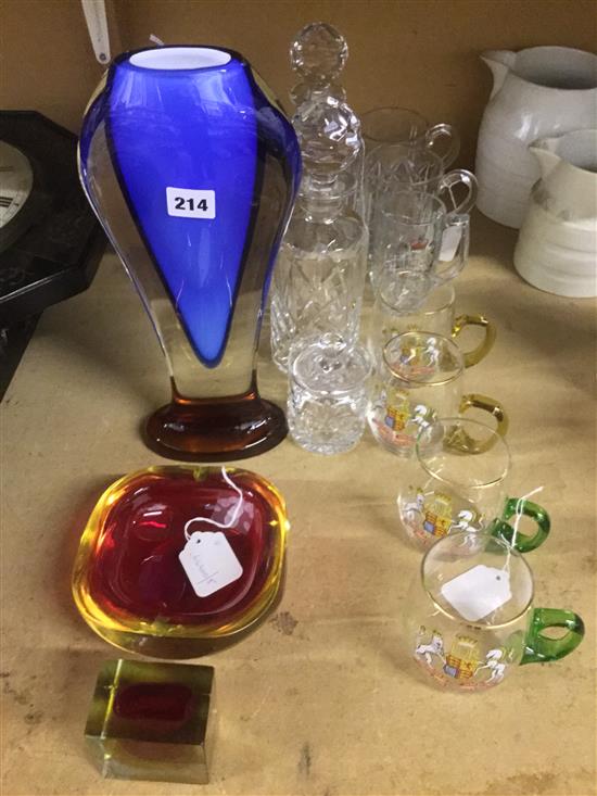 Three items of Murano glass, two cut glass decanters, sundry glass coronation items etc